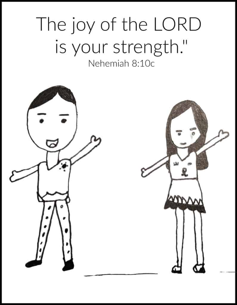Coloring Page - Nehemiah said, "Go and enjoy choice food and sweet drinks, and send some to those who have nothing prepared. This day is holy to our Lord. Do not grieve, for the joy of the LORD is your strength."
